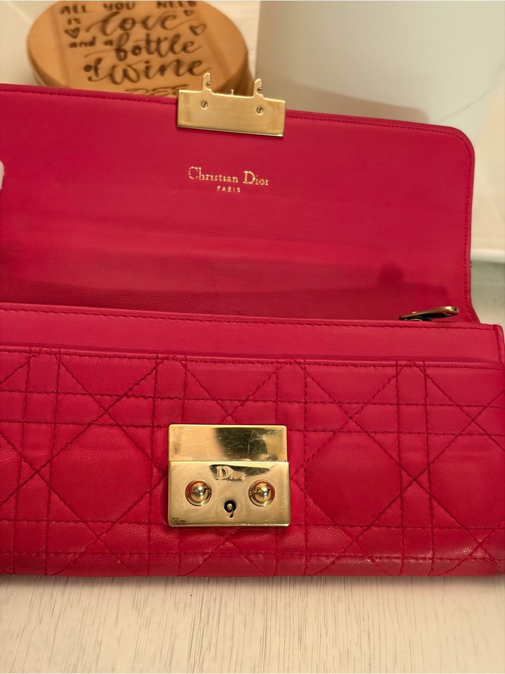 EUC Christian Dior Cannage quilted lambskin wallet in red, featuring push-lock - Picture 9 of 12